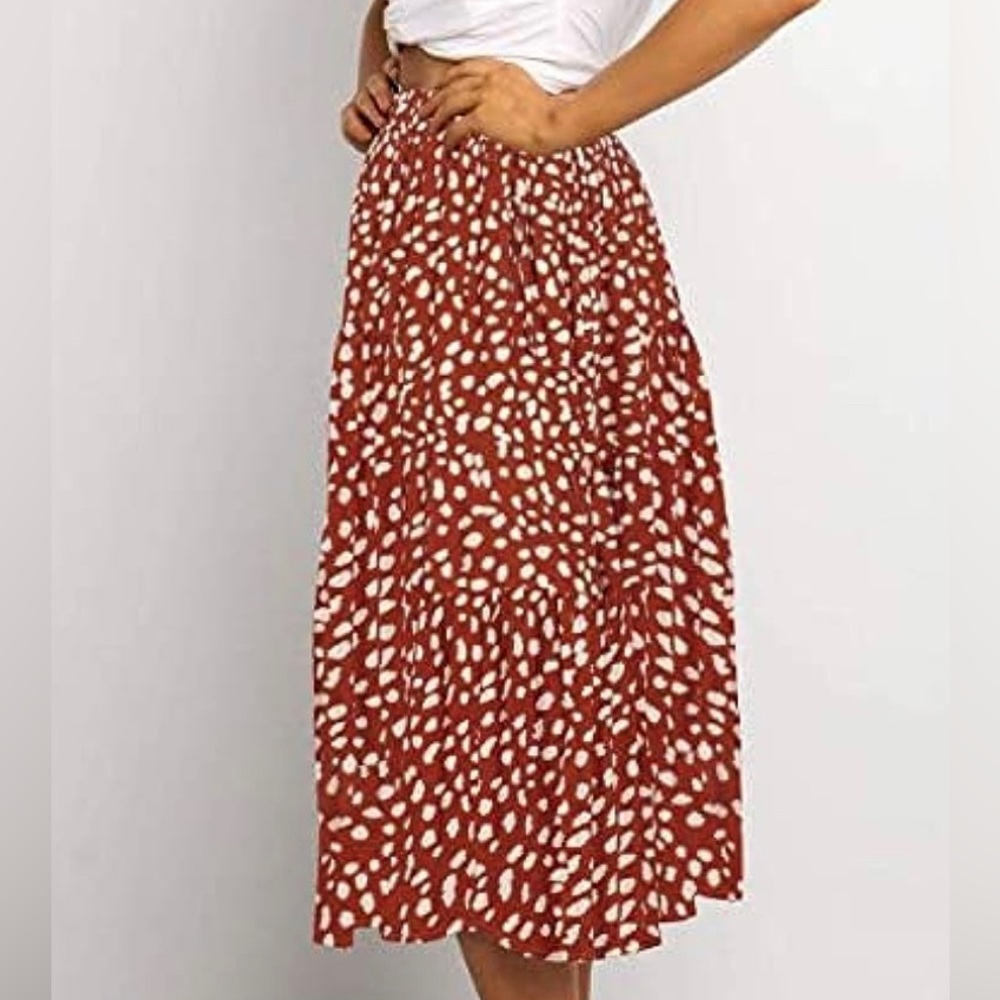 Boho Red Dotted Leopard Print Skirt A-line Midi
